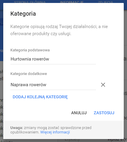 google moja firma kategorie