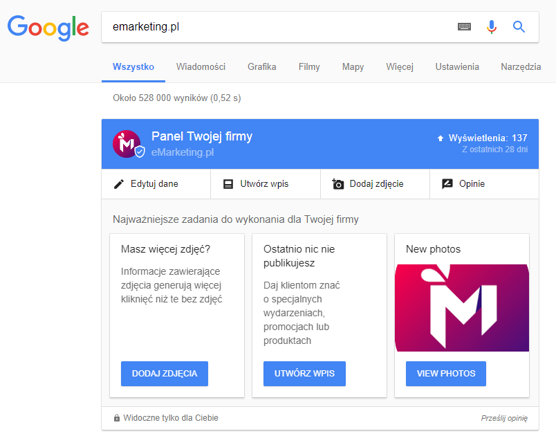 zarządzanie wizytówką google moja firma komputer