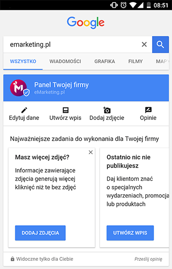 zarządzanie wizytówką google moja firma mobile