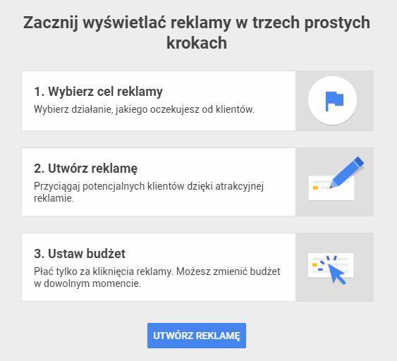 Ekran powitalny Google AdWords Express - konfiguracja narzędzia sprowadza się do przejścia jedynie trzech kroków.